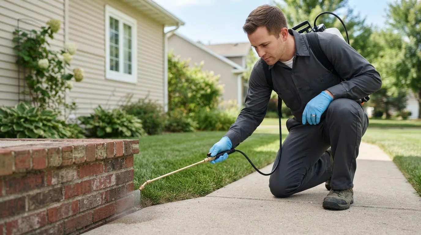 Pest control technician treating a home near Nashport, OH