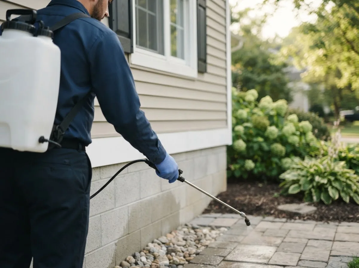 Pest control technician inspecting a home in Nashport, OH